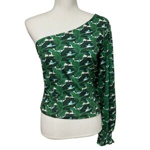 Anthropologie Forever that Girl One Shoulder Puff Sleeve Top Green Leaf SZ 6